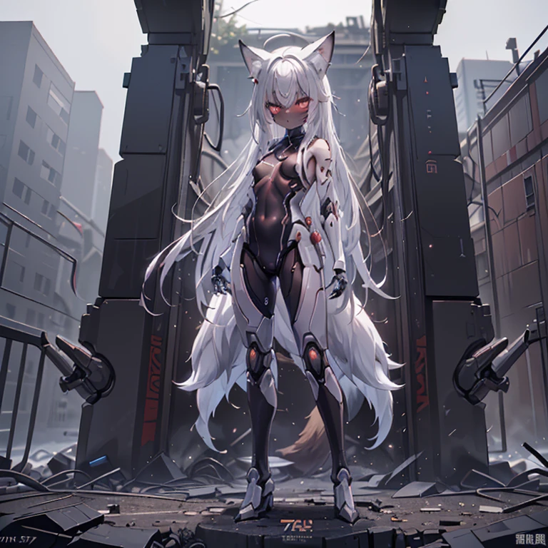 (Fox Girl, Fox Ears, Silver Hair, Fox Makeup, One Girl, Long Hair, Alone on the screen, dark skin, High definition, high resolution:1.6), (mecha musume, Machinery Parts,Robot Joints, White and red clothes, face以outside全身機械スーツ:1.8), (Body measurements are 75-60-75!, Young girl body, Small breasts, Proudly, Standing posture, slender, muscle:1.9), Avatar, face, 色っぽいface, Dominant representation, naughty face, Uplifting, Skin Texture, outside, ruins, Ruined City, Broken Building, There are no people