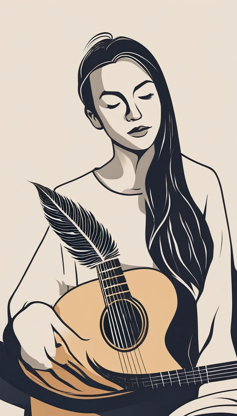 A minimal, modern, simple, cinematic logo design for the storyteller brand “Penamemoria". Create a modern, minimalistic, high-quality, logo of a creative, unique feather-and-boy playing acoustic guitar. Make the logo fantastic, unique, modern, simple, minimalistic, dreamy, memorable, nosthalgic, storyteller.
