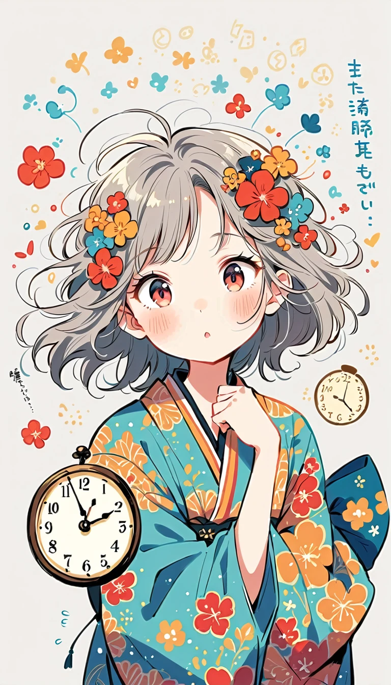 white background, Fujichoco style, kimono, (((The Most Beautiful Girl))), gray hair, ((clock)), simple background, Simple line initialism,