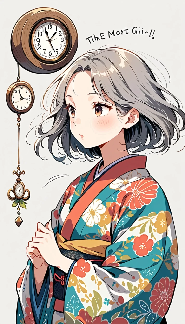 white background, Fujichoco style, kimono, (((The Most Beautiful Girl))), gray hair, ((clock)), simple background, Simple line initialism,