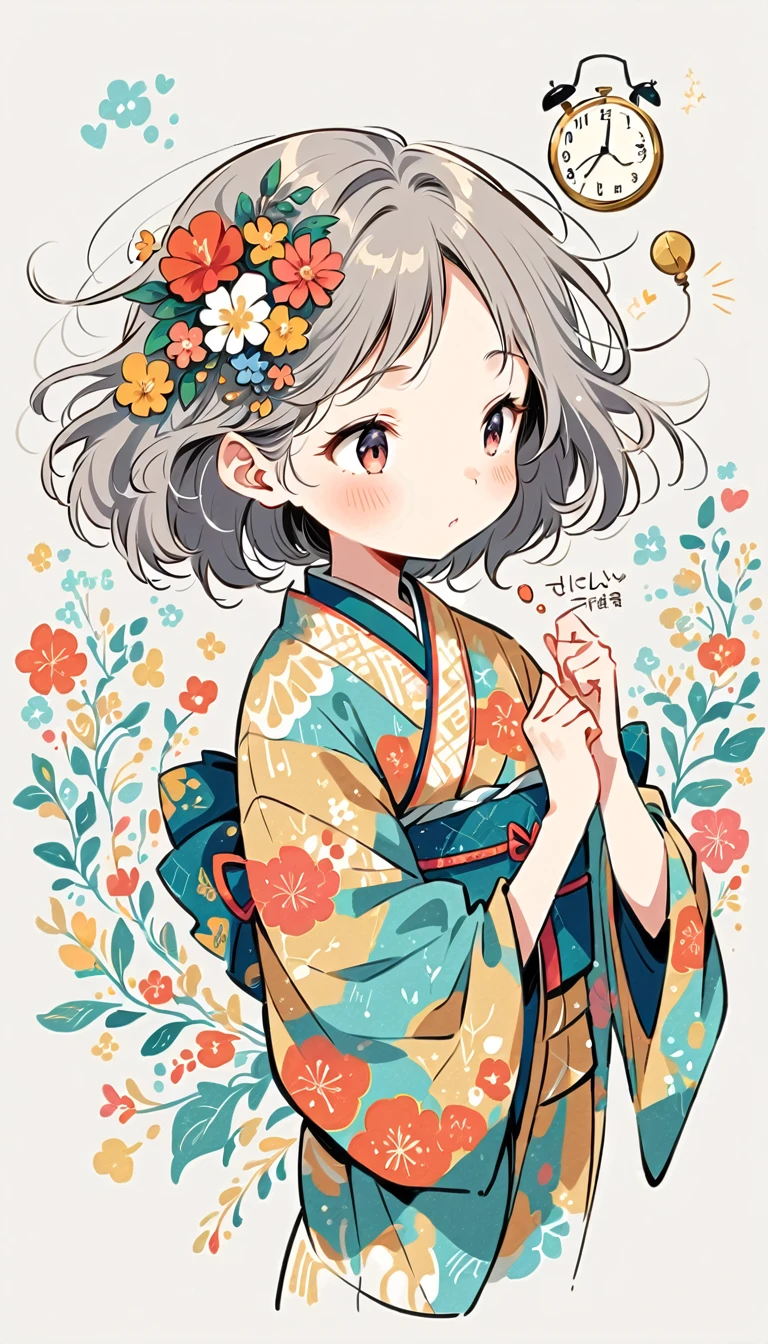 white background, Fujichoco style, kimono, (((The Most Beautiful Girl))), gray hair, ((clock)), simple background, Simple line initialism,