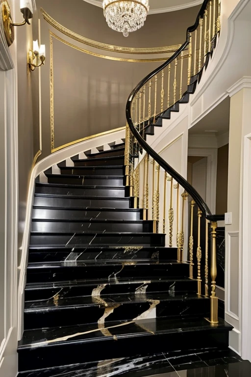 luxury curved staircase Black marble with gold pattern such as Potoro Gold marble (Portoro Gold Marble) The wall next to the stairs is decorated in luxury to match the color tone of the stairs. Add pictures on the wall and bright LED lights to give it a luxurious texture. Decorate the right wall with pictures in black tones. Ahead in the corridor is a window.
