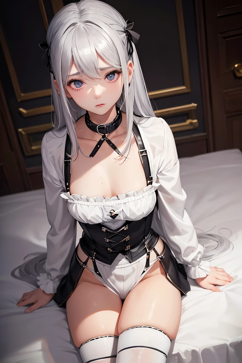 (masterpiece,best quality 1 4),super fine illustration,shiny pale white skin,detailed skin,detailed face,detailed eyes,an extremely cute and beautiful girl,beautiful face, shinny long hair, (maid costume), kneeling, hand between legs, full body,skinny,(small breast), awaiting tongue, on the bed, (blindfold, restrained, shackles), show off nipples, clothed