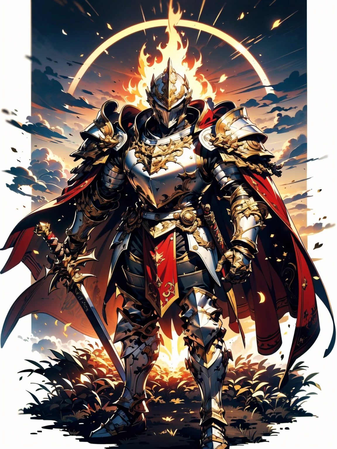 8K quality,(super masterpiece:1.3),Highest quality,Detailed Images,1 male,knight,pocket(Full Face,Two Corners),armor(Silver Full Armor,Golden decoration),(Wear a red cloak,Red Cape),(Holding a flaming sword in both hands),(background:Burning image,sunset,幻想的なsunset,The End,The end of the world,grassland,Takayama,Halo effects),(Whole body image,Standing with your legs apart),(Face directly towards the camera,Looking directly at the viewer,looking at the camera,The body faces the viewer,The body is facing the direction of the camera,Face looking straight into the camera).