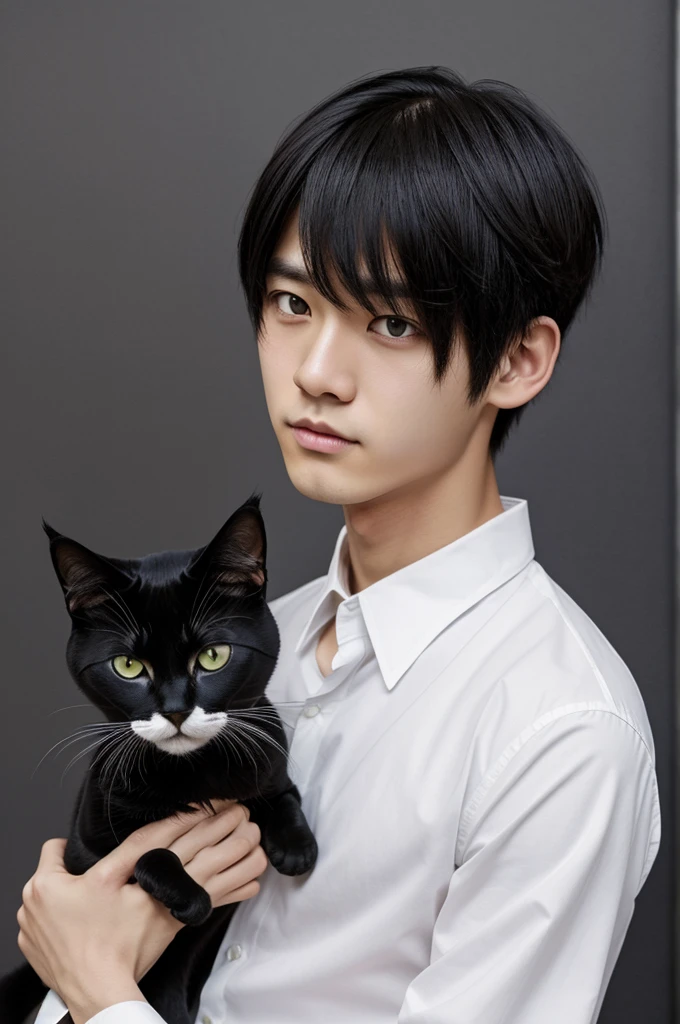 levi_(shingeki_no_kyojin), 1boy, animal_ears, male_focus, cat, cat_ears, black_hair, animal, holding_animal, black_cat, holding, ascot, shirt, curtained_hair, holding_cat, grey_background, upper_body, solo, white_shirt, long_sleeves, looking_at_viewer, simple_background, parted_bangs, bangs, collared_shirt, closed_mouth, short_hair