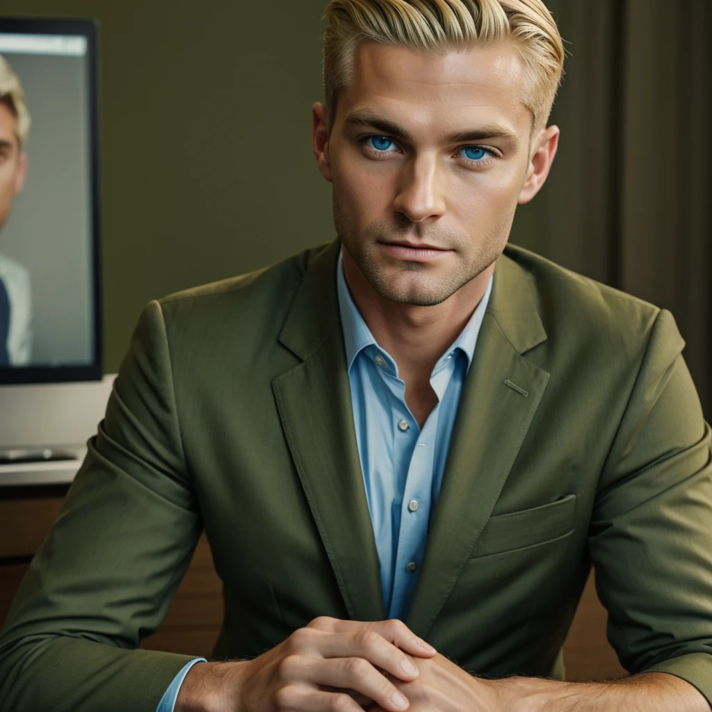 Shaved blonde man with blue eyes doing video conference in olive green suit