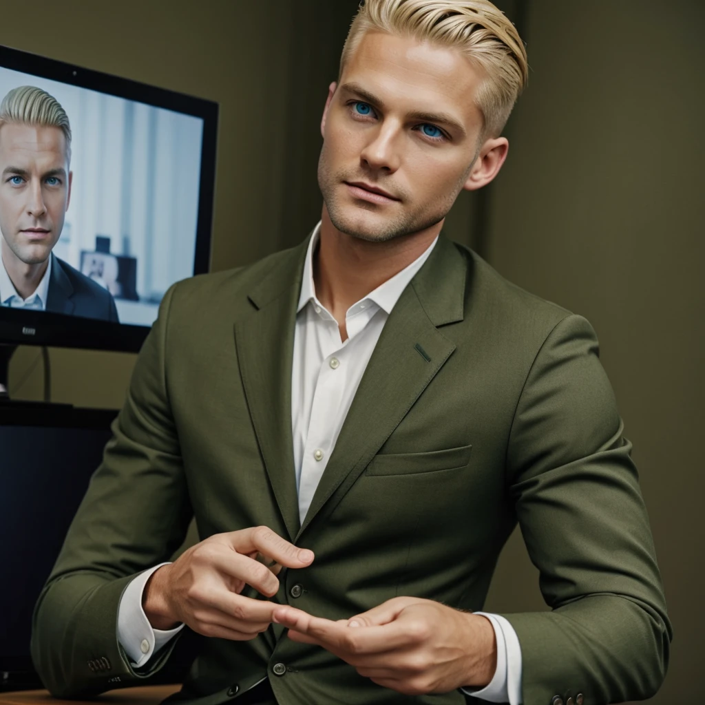 Shaved blonde man with blue eyes doing video conference in olive green suit 