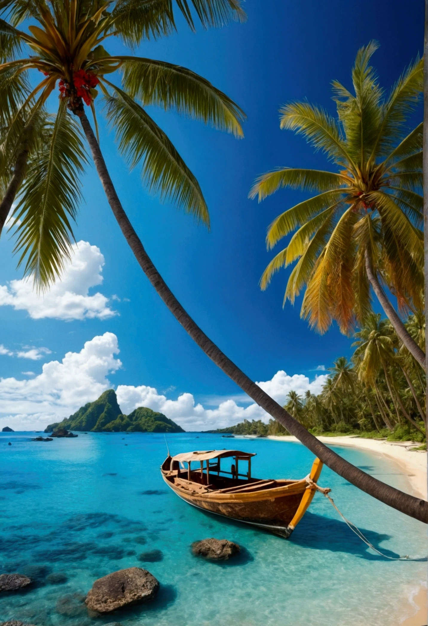 Glittering sun、Coconut trees along the beach，sunny，blue sea，Coconut water，Long diagram、Lots of surfing boats,red flowers