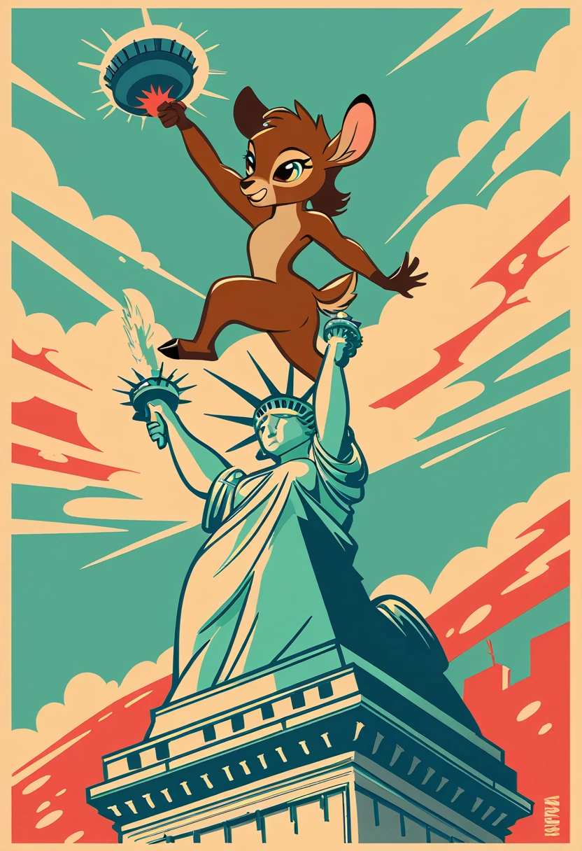 Giant bambi attacking the statue of liberty  In poster art style