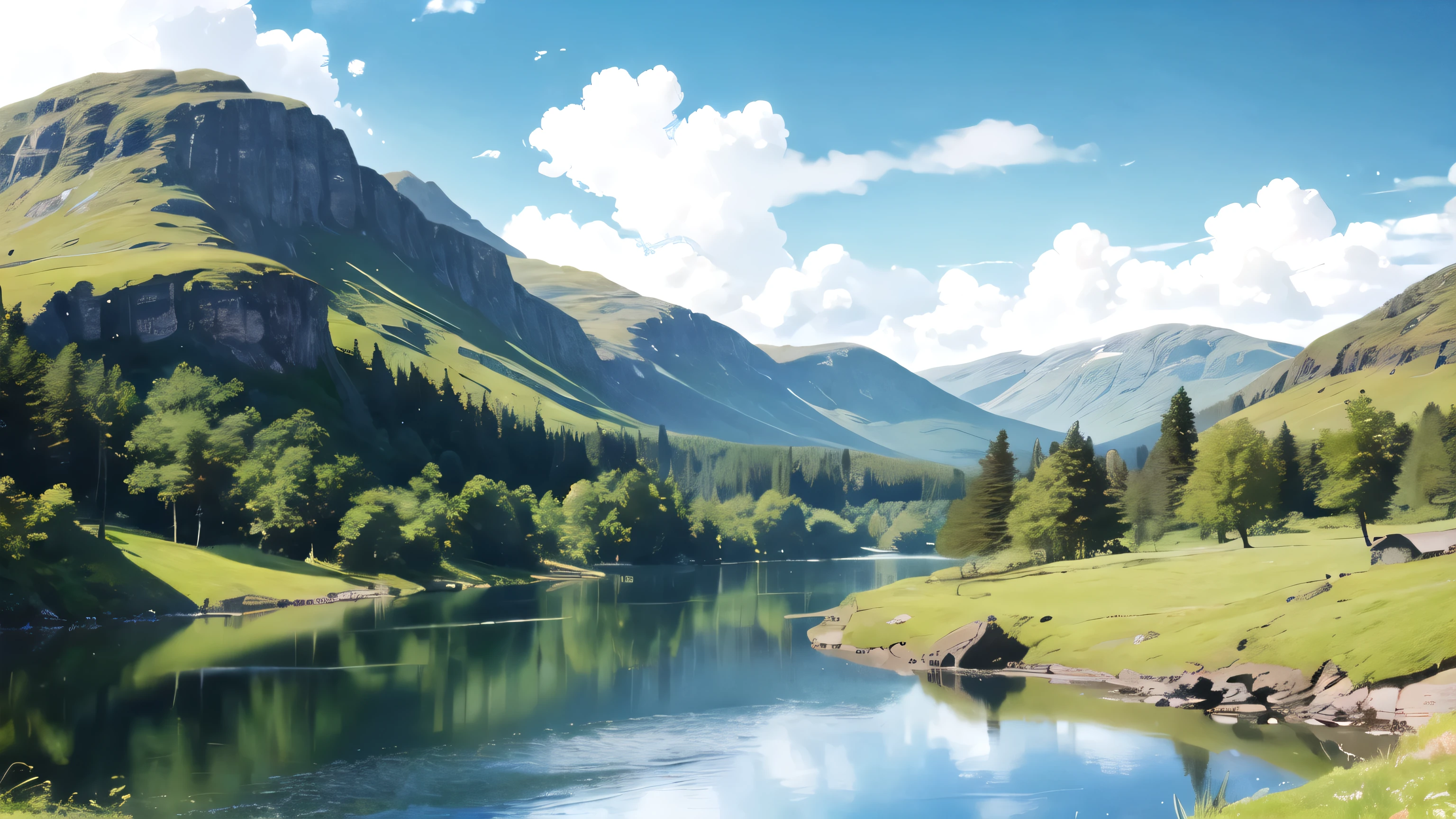 (Realistic, Photorealistic:1.4), Beautiful illustration, Scotland, Lake place, summer