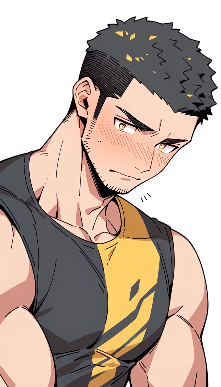 anime characters:Priapus, Muscle Sports Student, Buzz Cut, Manliness, male focus, Yellow and black tight sleeveless vest, Very tight, full and perky chest muscles, muscular male, muscular, Perfect muscular waist, only, Upper body, alone, Black short hair, Thick eyebrows, stubble, Brown-red pupils, White background, simple background, amazing quality, best aesthetics, Ridiculous, crew cut, blush, embarrassed, shy, endured face, negative space, best quality