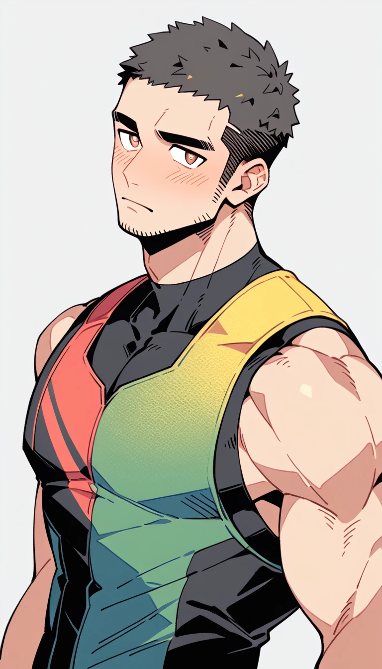 anime characters:Priapus, Muscle Sports Student, Buzz Cut, Manliness, male focus, Yellow and black tight sleeveless vest, Very tight, full and perky chest muscles, muscular male, muscular, Perfect muscular waist, only, Upper body, alone, Black short hair, Thick eyebrows, stubble, Brown-red pupils, White background, simple background, amazing quality, best aesthetics, Ridiculous, crew cut, blush, embarrassed, shy, endured face, negative space, best quality