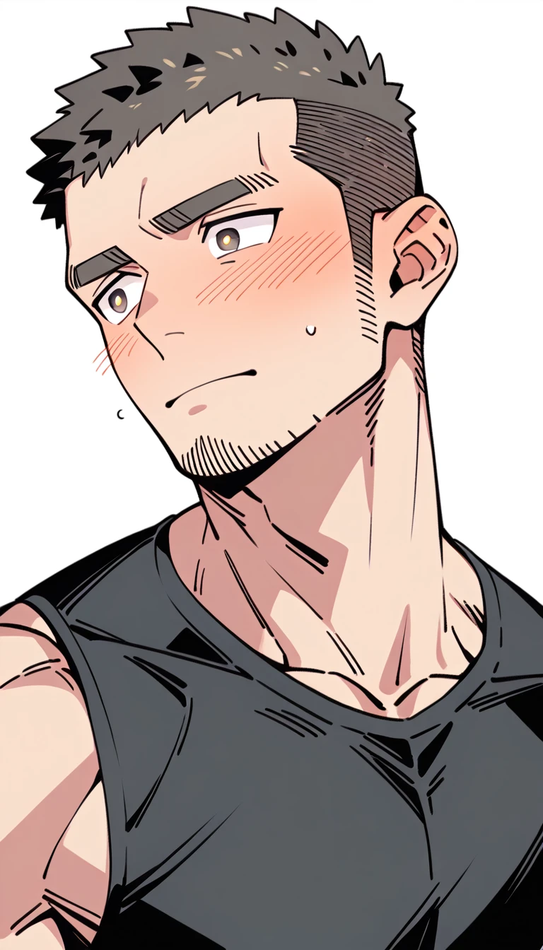 anime characters:Priapus, Muscle Sports Student, Buzz Cut, Manliness, male focus, Yellow and black tight sleeveless vest, Very tight, full and perky chest muscles, muscular male, muscular, Perfect muscular waist, only, Upper body, alone, Black short hair, Thick eyebrows, stubble, Brown-red pupils, White background, simple background, amazing quality, best aesthetics, Ridiculous, crew cut, blush, embarrassed, shy, endured face, negative space, best quality