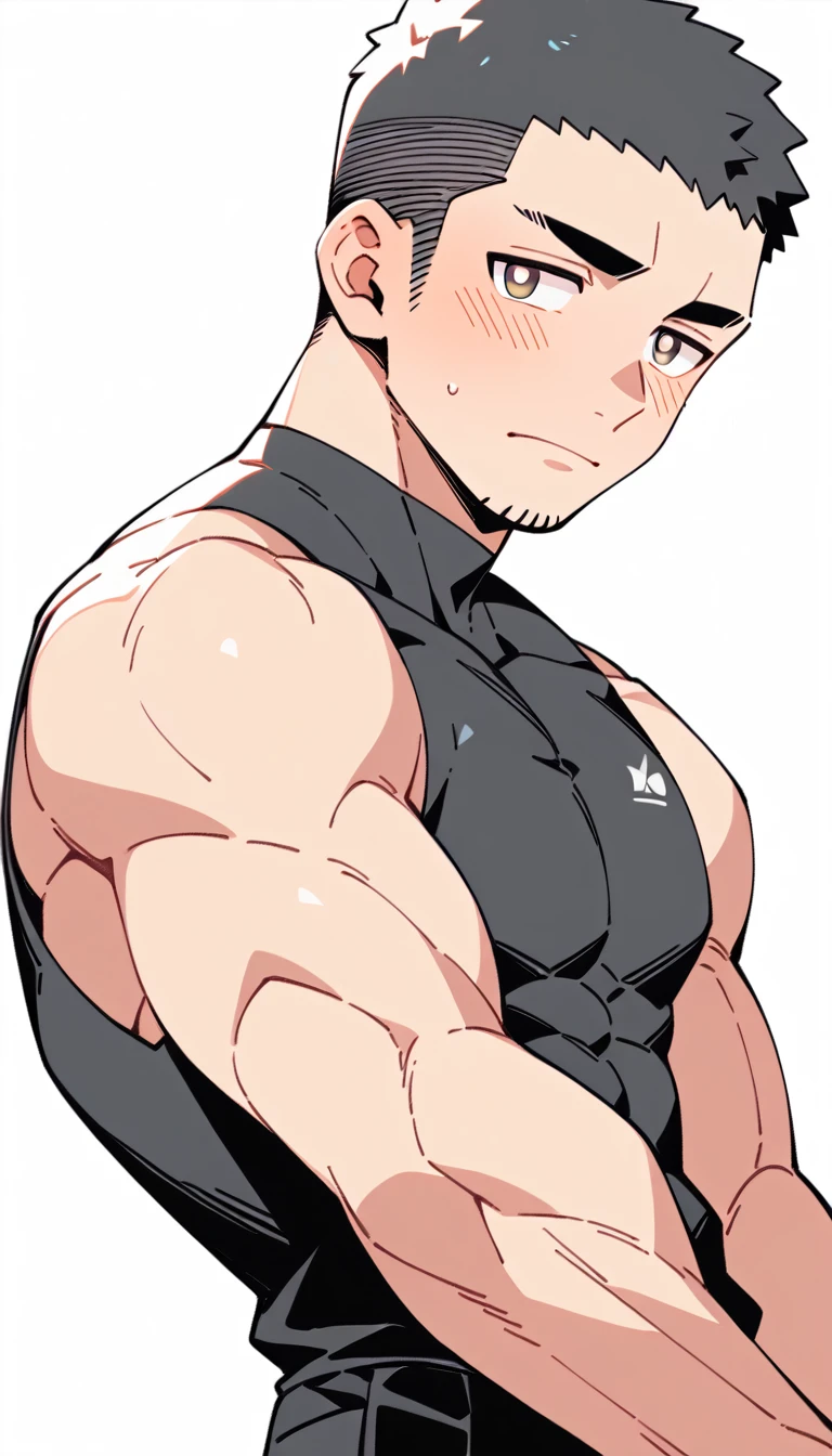 anime characters：Priapus, Muscle Sports Student, Buzz Cut, Manliness, male focus, Yellow and black tight sleeveless vest, Very tight, full and perky chest muscles, muscular male, muscular, Perfect muscular waist, only, Upper body, alone, Black short hair, Thick eyebrows, stubble, Brown-red pupils, White background, simple background, amazing quality, best aesthetics, Ridiculous, crew cut, blush, embarrassed, shy, endured face, negative space, best quality