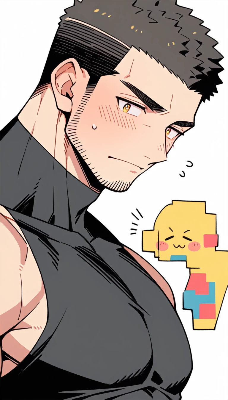 anime characters:Priapus, Muscle Sports Student, Buzz Cut, Manliness, male focus, Yellow and black tight sleeveless vest, Very tight, full and perky chest muscles, muscular male, muscular, Perfect muscular waist, only, Upper body, alone, Black short hair, Thick eyebrows, stubble, Brown-red pupils, White background, simple background, amazing quality, best aesthetics, Ridiculous, crew cut, blush, embarrassed, shy, endured face, negative space, best quality