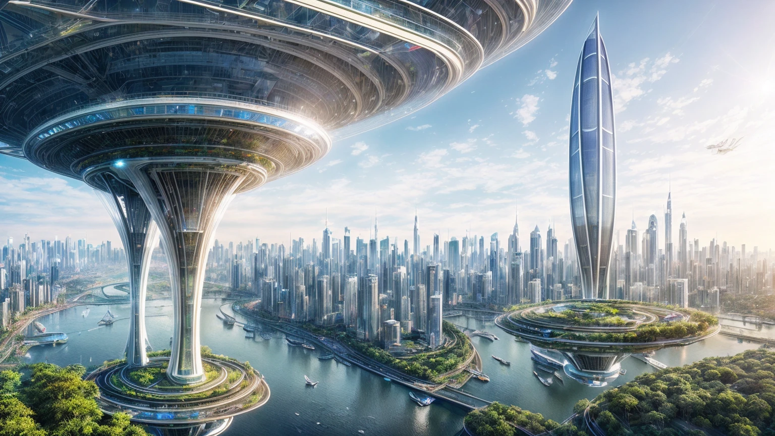 (Best quality,4K,8K,A high resolution,Masterpiece:1.2),Ultra-detailed,(Realistic,Photorealistic,photo-realistic:1.37),Futuristic floating city,Futuristic technology,Huge urban high-tech tablet platform,Airship,Floating in the sky,Futuristic city,Small airships around,High-tech hemispherical platform,Colorful lights,Advanced architecture,modernn architecture,skyscrapper,Access the cloud,Scenic beauty,view over city,Impressive design,Blend seamlessly with nature,energetic and vibrant atmosphere,Futuristic transportation system,Parking is suspended,Transparent path,Lush greenery,Sky gardens,cascading waterfalls,Magnificent skyline,reflections on the water,Sparkling river,Architectural innovation,futuristic skyscrapers,Transparent dome,The shape of the building is unusual,Elevated walkway,Impressive skyline,Glowing lights,Futuristic technology,Minimalist design,Scenic spots,Panoramic view,Cloud Piercing Tower,Vibrant colors,epic sunrise,epic sunset,Dazzling light display,magical ambiance,The future city,Urban Utopia,LuxuryLifestyle,Innovative energy,sustainable development,Smart city technology,Advanced infrastructure,Tranquil atmosphere,Nature and technology live in harmony,Awesome cityscape,Unprecedented urban planning,Architecture connects seamlessly with nature,High-tech metropolis,A cutting-edge engineering marvel,The future of urban living,Visionary architectural concept,Energy-efficient buildings,Harmony with the environment,A city floating above the clouds,Utopian dreams become reality,The possibilities are endless,State-of-the-art transportation network,Green energy integration,Innovative materials,Impressive holographic display,Advanced communication system,Breathtaking aerial view,Quiet and peaceful environment,Modernist aesthetics,Ethereal beauty