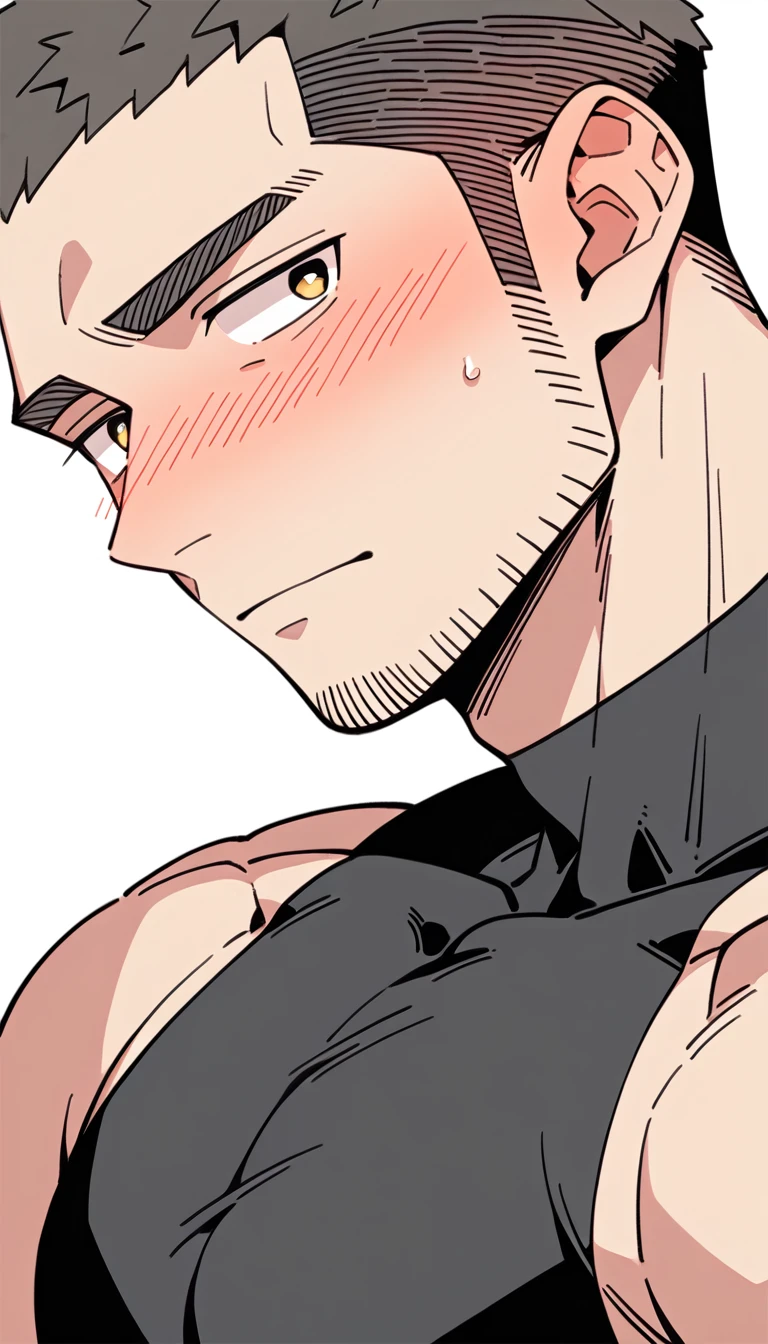 anime characters:Priapus, Muscle Sports Student, Buzz Cut, Manliness, male focus, Yellow and black tight sleeveless vest, Very tight, full and perky chest muscles, muscular male, muscular, Perfect muscular waist, only, Upper body, alone, Black short hair, Thick eyebrows, stubble, Brown-red pupils, White background, simple background, amazing quality, best aesthetics, Ridiculous, crew cut, blush, embarrassed, shy, endured face, negative space, best quality