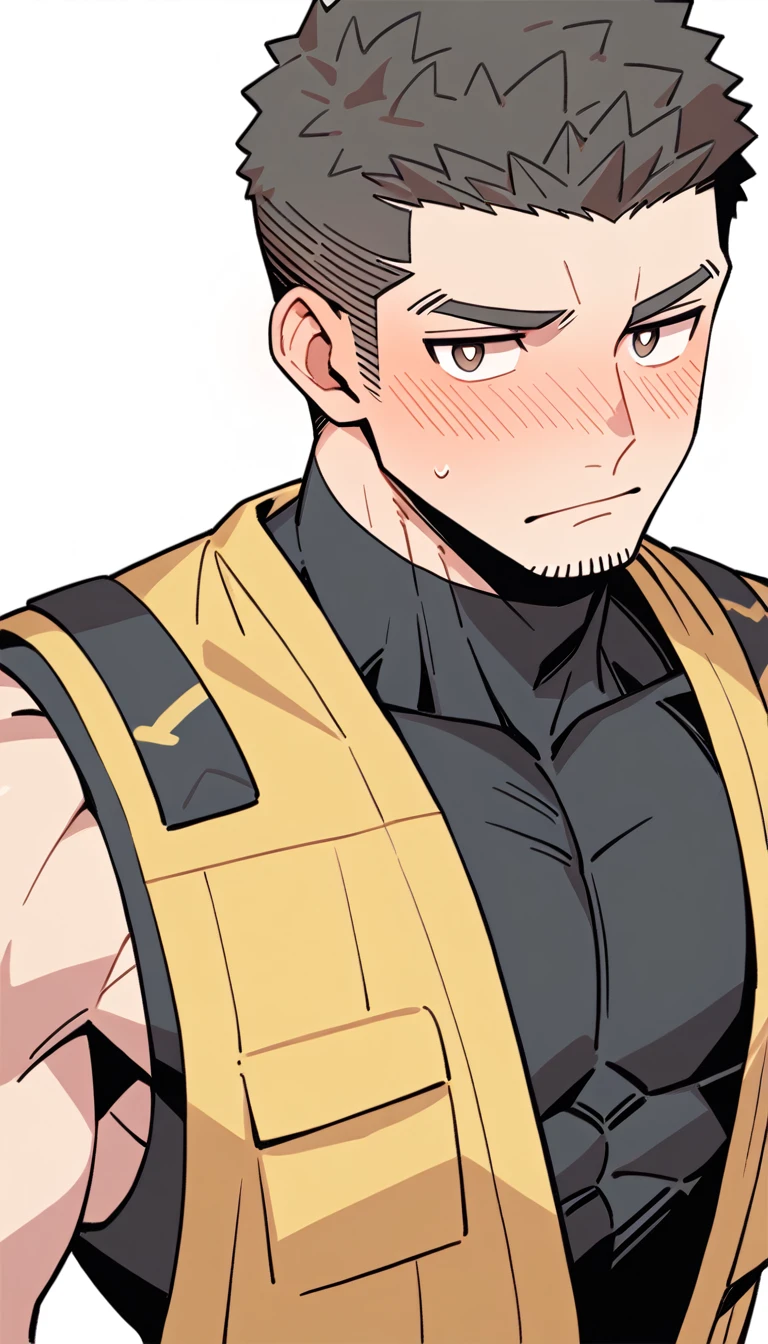 anime characters:Priapus, Muscle Sports Student, Buzz Cut, Manliness, male focus, Yellow and black tight sleeveless vest, Very tight, full and perky chest muscles, muscular male, muscular, Perfect muscular waist, only, Upper body, alone, Black short hair, Thick eyebrows, stubble, Brown-red pupils, White background, simple background, amazing quality, best aesthetics, Ridiculous, crew cut, blush, embarrassed, shy, endured face, negative space, best quality
