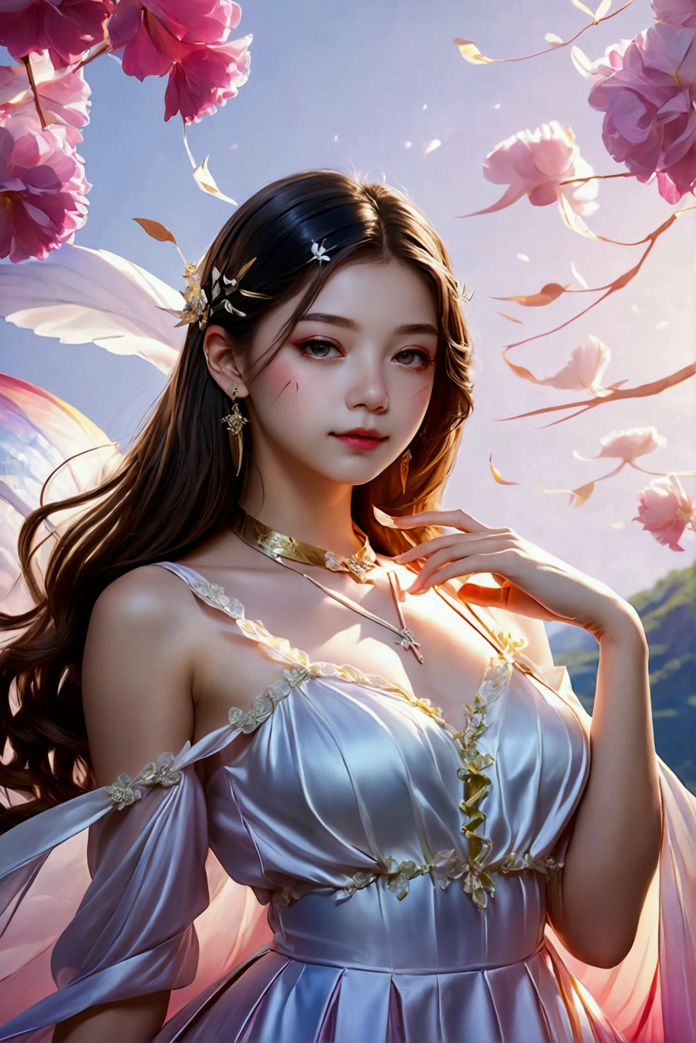 4K ultra hd, masterpiece, a cute girl, good face, detailed eyes, liquid lipstick, long hair, spreading hair, necklace, beaeutiful dress, long dress, marriage dress, dark blue color, high lights, light effects, shining, realistic background, nature background, flowers, whole body capture,