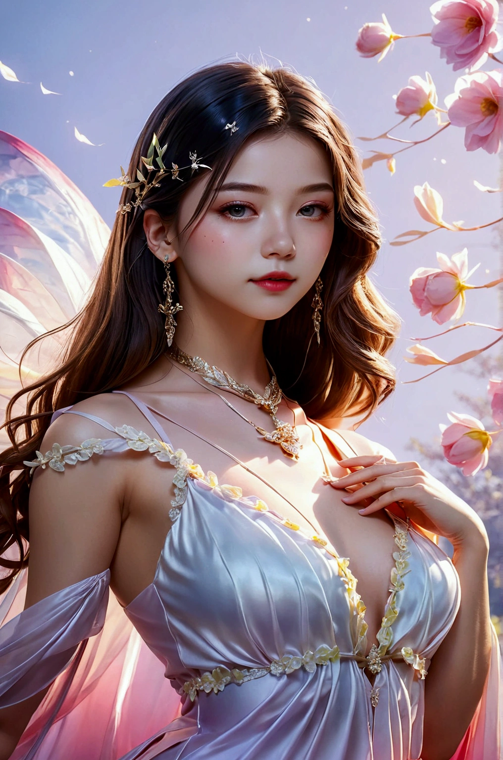4K ultra hd, masterpiece, a cute girl, good face, detailed eyes, liquid lipstick, long hair, spreading hair, necklace, beaeutiful dress, long dress, marriage dress, dark blue color, high lights, light effects, shining, realistic background, nature background, flowers, whole body capture,
