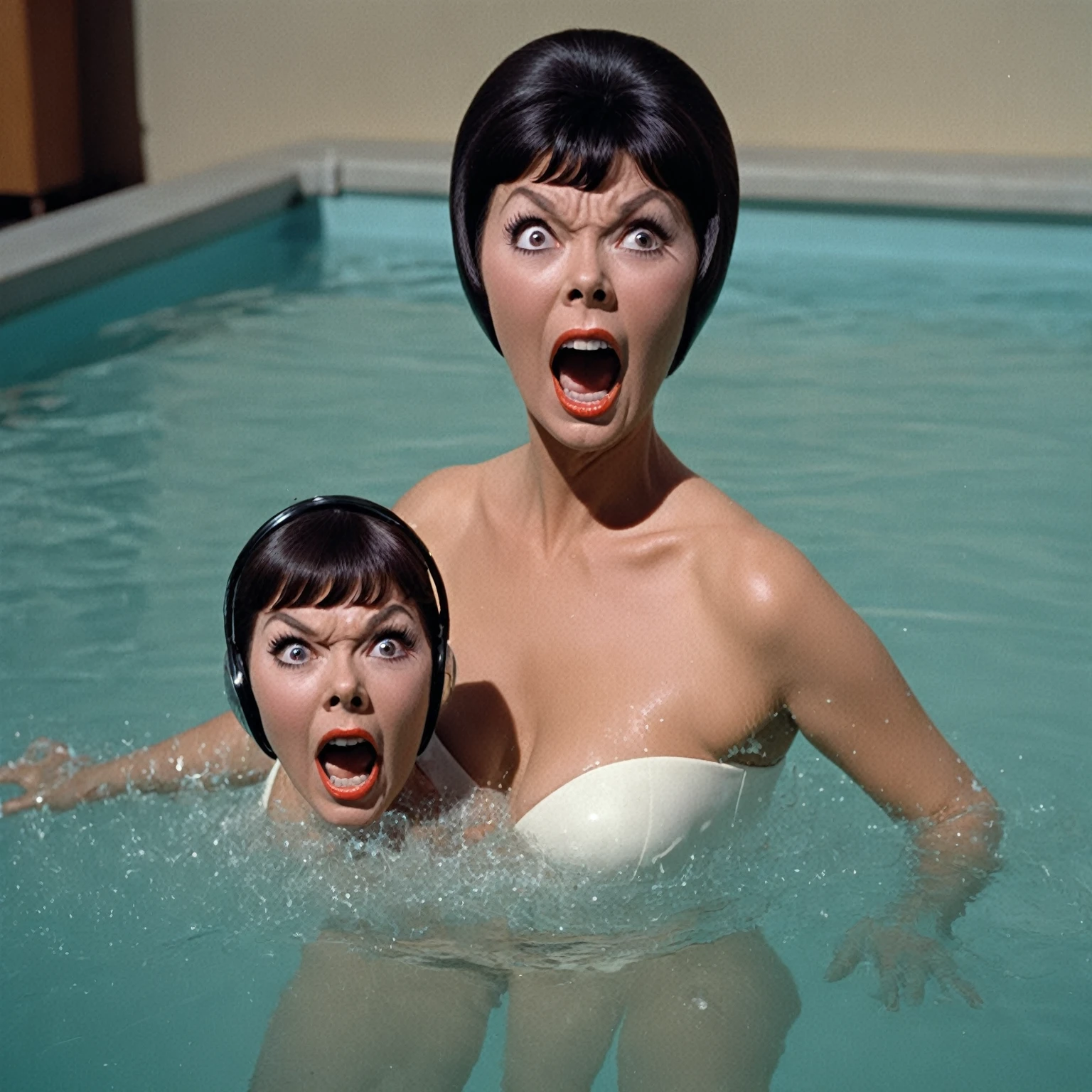 yvonne craig woman, sinking in electrified water, we see rays and sparks everywhere, yvonne screams as hard as she can, she is in shock with her eyes wide open, half of her body cover by electrified water, is a pool in a mad scientist lab, 60's style, analog film, snapshot, film grain