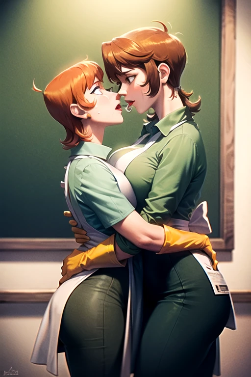 kissing his son on the mouth at a school, with big breasts, sad look of mother, mother crying green dress, with apron, yellow gloves, short hair, Red hair, son lab clothes.