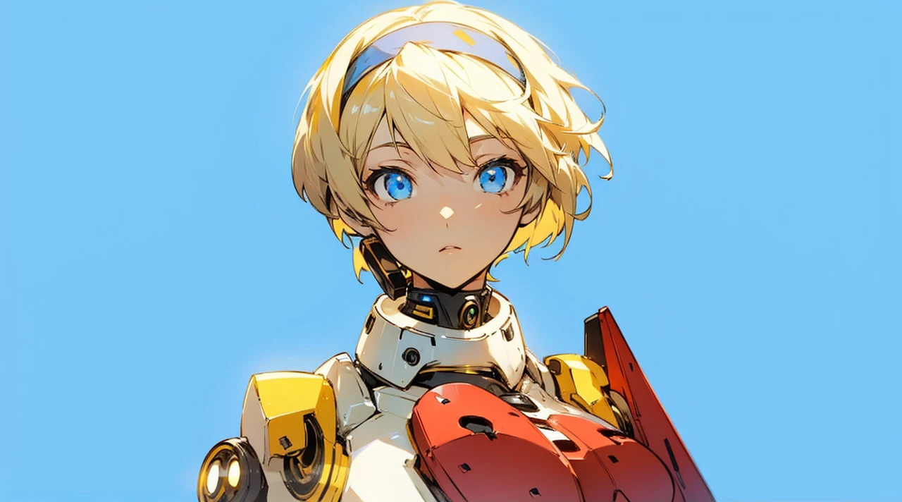 aigis persona 3 robot short blonde hair with headband white torso with big bow golden ((blue background)) ((blue lights)) ((white lights)) ((same pose)) ((front view)) ((add background))