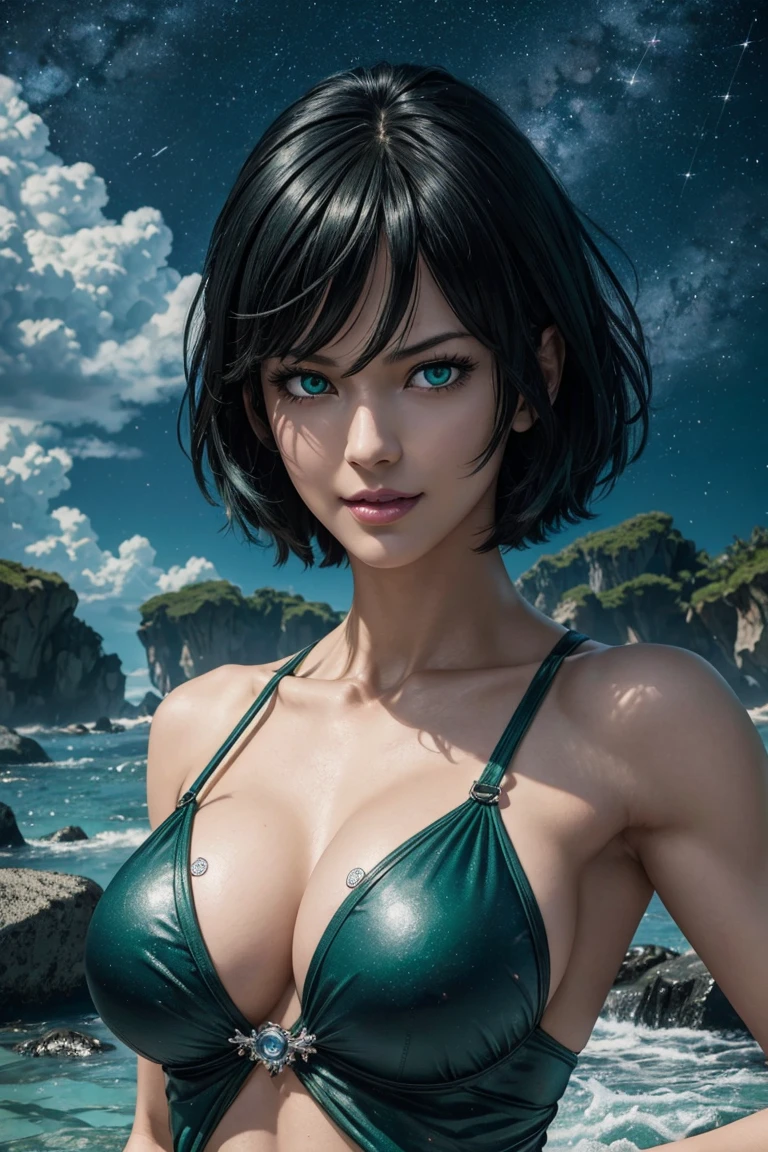 The best one,One Punch Man,Fubuki from Hell,Emerald green eyes,Beautiful black hair,Bangs down,Light green inner hair photorealistic,Ultra HD,high quality,masterpiece,Digital SLR,Detailed details,Intricate details,Anatomical basis,Depicted in detail,A detailed face,Realistic skin texture,Vivid details,Perfect Anatomy,Perfect Anatomy,Anatomically correct hand,Anatomically correct fingers,Super Detail,Complex 3D rendering,Huge ,Sexy pose,Sexy Swimwear,Beautiful starry sky,Beautiful beaches,Fantastic sunny weather,Fantasy worldview,Picturesque,Pink Lips,smile,