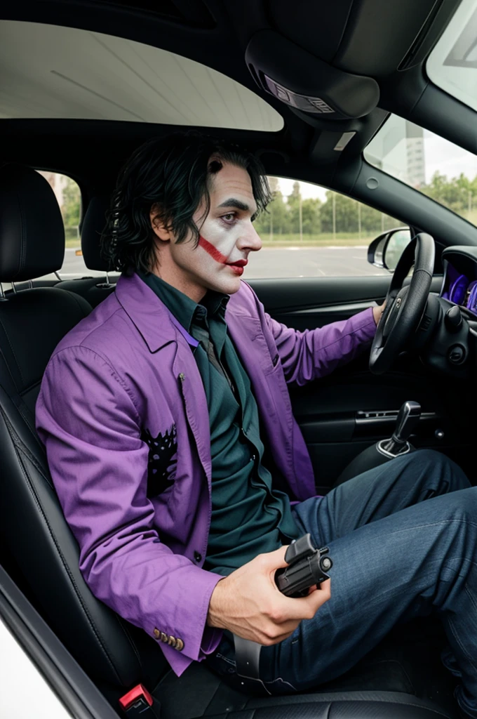 Joker in car holding gun driving