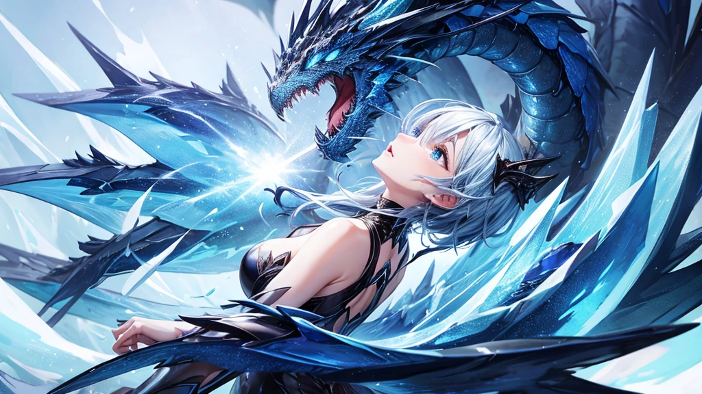 Dragon blue, tense wings, background ice landscape