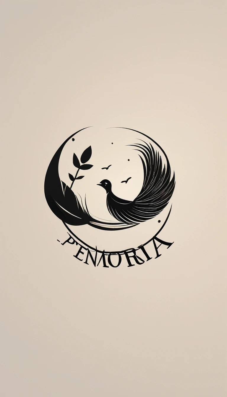 A minimal, modern, simple, cinematic, minimalistic logo design for the brand “Penamemoria". The logo design must be a simple, magical feather and a boy running and holding an acoustic guitar. The logo must convey a sense of music, stories and dreams. Logo design impressed on a book cover. Minimalistic logo