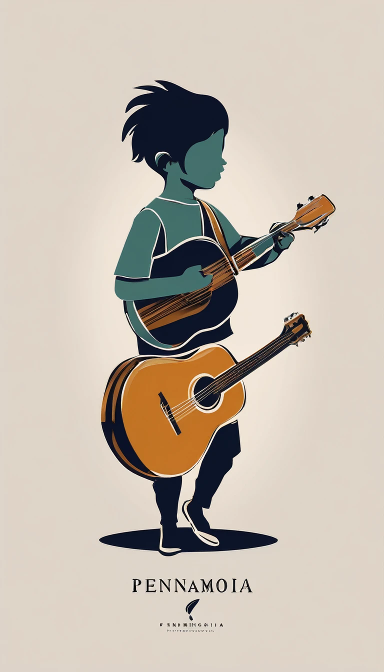 A minimal, modern, simple, cinematic, minimalistic logo design for the brand “Penamemoria". The logo design must be a simple, magical feather and a boy running and holding an acoustic guitar. The logo must convey a sense of music, stories and dreams. Logo design impressed on a book cover. Minimalistic logo