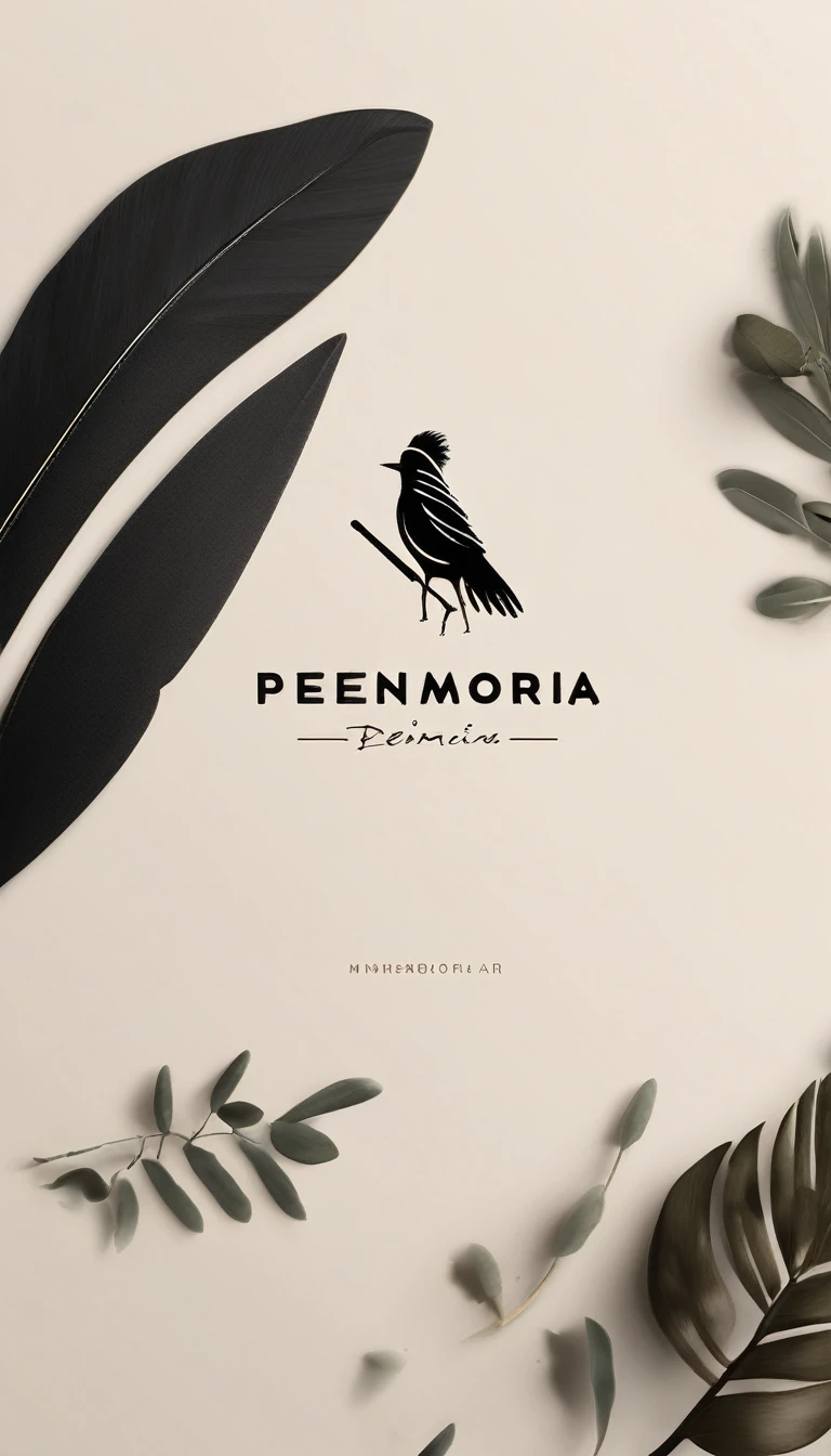A minimal, modern, simple, cinematic, minimalistic logo design for the brand “Penamemoria". The logo design must be a simple, magical feather and a boy running and holding an acoustic guitar. The logo must convey a sense of music, stories and dreams. Logo design impressed on a book cover. Minimalistic logo