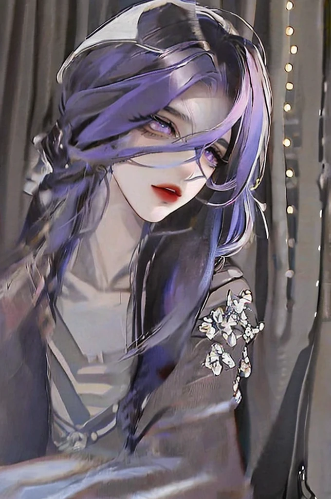 2D, masterpiece, best quality, Japanese cartoons, Very detailed, 1 Girl, Solitary, Yuri, Purple Eyes, Purple Hair, Hair between the eyes,