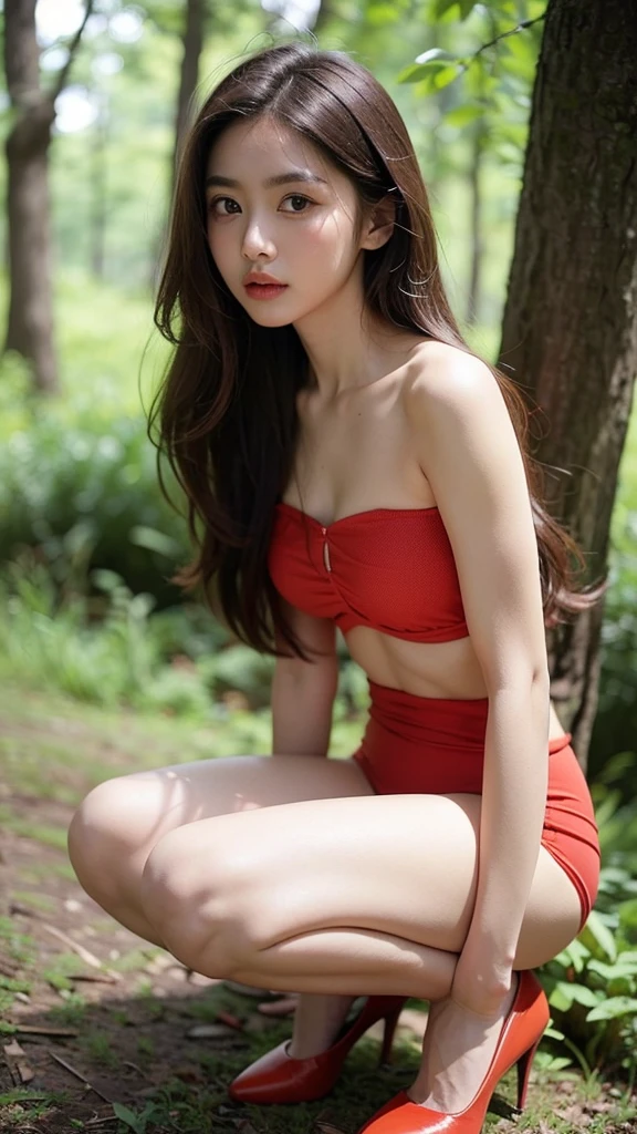 (8k、RAW Photos、top-quality、masuter piece: 1)、top-quality、(NSFW: 1.2)、(Correct anatomy: 1.2)、(Photoreal Stick:1.2)、(foco nítido)、1girl、Full body, randome pose, (Perfect Body Beauty: 1.2), Long curly hair of red color、(Fishnet stockings with beautiful design:1.2)、(Red panties)、open-shirt、no-bra、美丽的面容、A detailed face、perfectly proportions、Beautiful hourglass body shape、爆乳、 Thin rag、nabel、big butts、Crotch gap、thighs thighs thighs thighs、neat and long legs、Standing, Bright smile、Ultra-realistic skin texture、shinny skin、Jungle background、The depth of field is shallow、Near and far law、