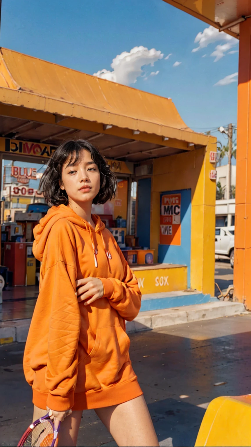 (medium cinematic shot portrait), of cute 23 yo girl ,wear ((orange color oversized_hoodie)), wear ((purple tennis skirt)),looking front,Best Quality,Masterpiece,Ultra High Resolution,(Realisticity:1.4),Original Photo, 1Girl, light leak,ultra high resolution,UHD,beautiful, (black bob hair), almond eye, no makeup, looking at camera,in front of ((80's blue red yellow colorful gas station)), (realistic:1.2), (surreal:1.3), (very detailed:1.1), ((masterpiece)),summer, blue sky, palm trees,sunny, los angles vibes,film camera, 800mm lens,style of Philip Lorca diCorcia