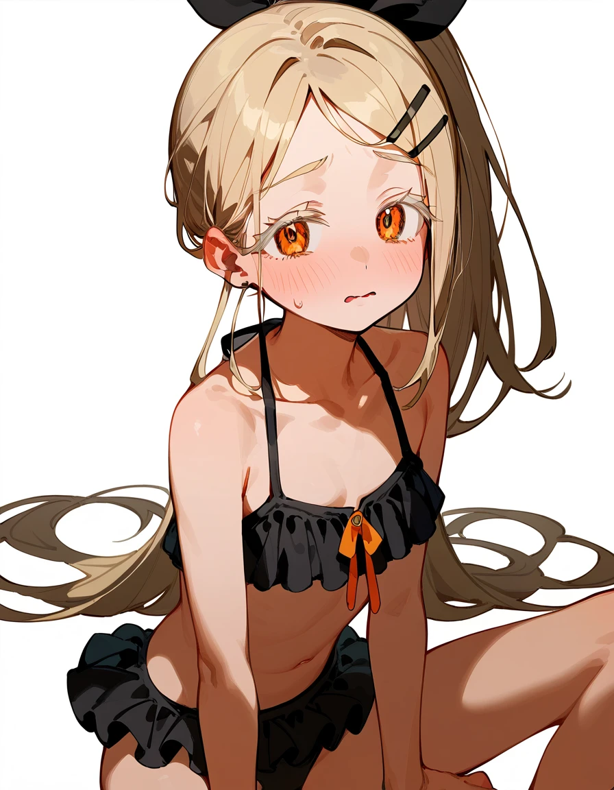 Highest quality, masterpiece, No correction, Beark 1 dhibi girl,shinosawa hiro,thin,Orange eyes,White eyelashes,Blonde,Long Hair,Hair Clip,flat chest,white background,frilled bikini,flower bikini,black bikini,ponytail,sitting,chestnut mouth,embarrassed