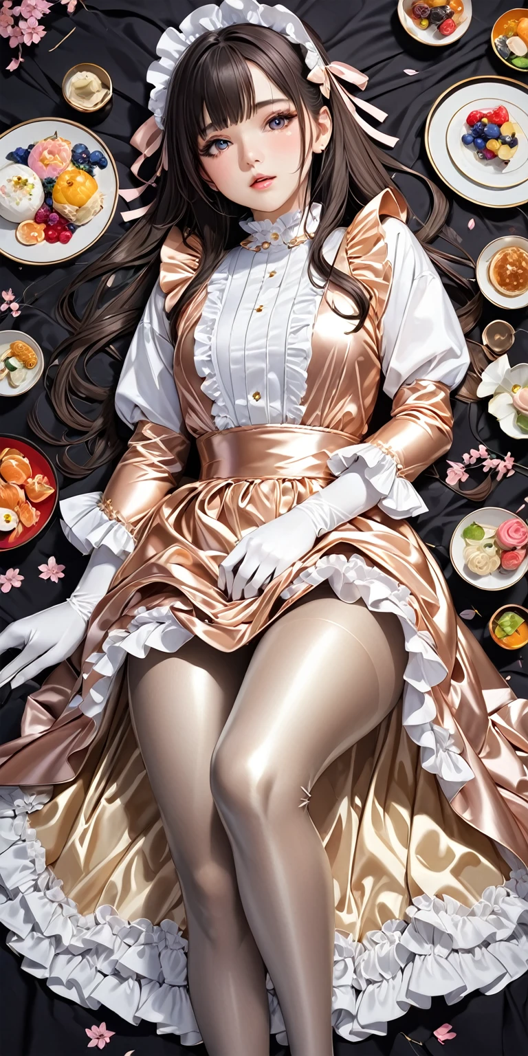 Portraiture、A composition that captures the whole body、(masterpiece,Highest quality,Ultra-high resolution),Japanese women, (((Very beautiful 25 year old girl))),The chest is a little large、She is wearing a long-sleeved dress made of shiny satin with lots of frills, like an idol costume.、A shirt with a shiny satin collar、Shiny satin long gloves、Shiny satin tights、))The costume is colorful and made of very shiny satin fabric.))、The background is dark