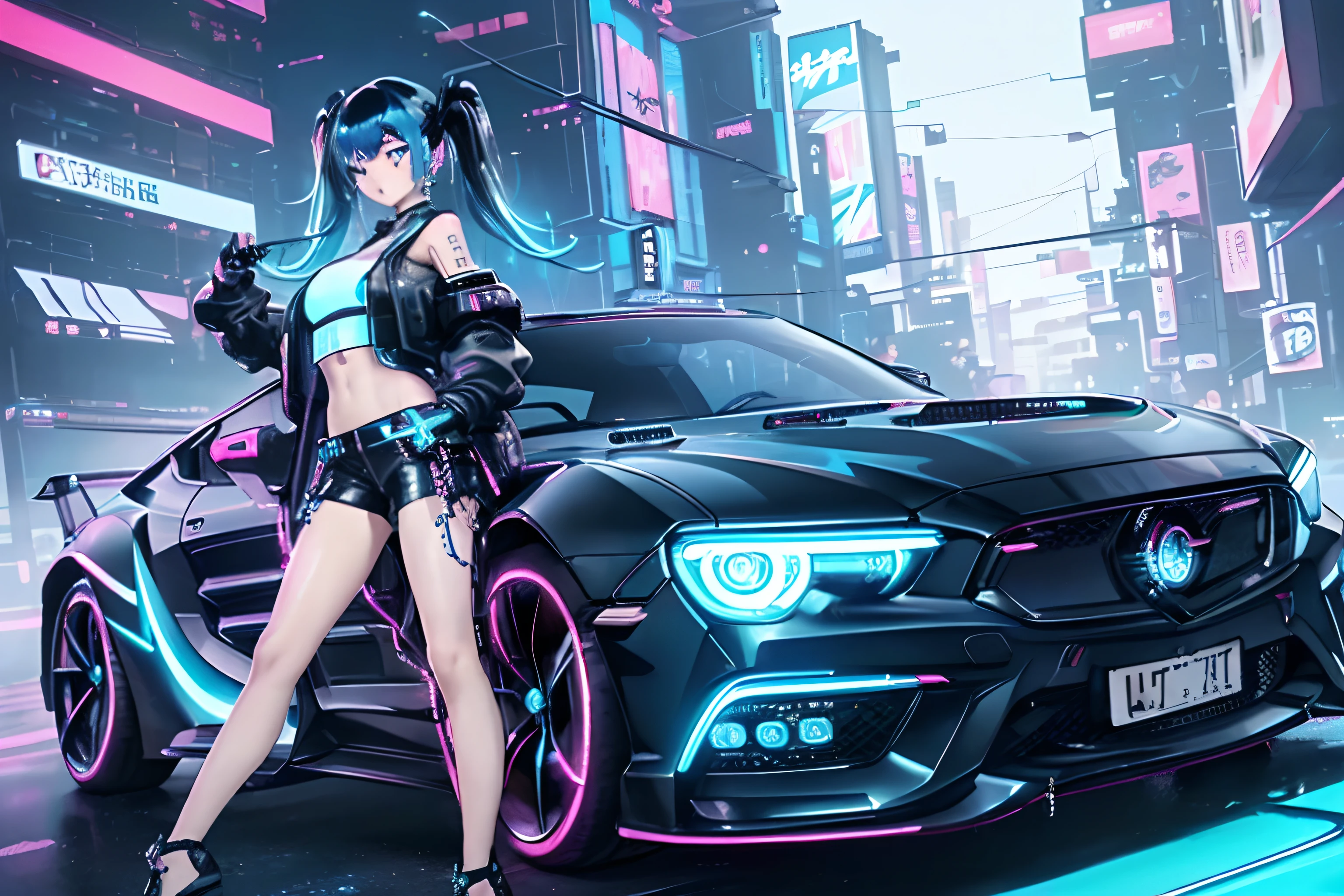 (deep in the night:1.3)、、(Detailed beautiful skin texture、detailed beautiful faces、Ultra-detailed clothing texture)、、(cyberpunked:1.4)、、(femele、18year old、Moderate milk、With long silver hair、blue eyess)、(Pink jacket、White tank top、Cargo pants)、Standing next to the car(Ultra-fine pickup truck 、Long bonnet、 (3/4Front view、The car is located in the center of the frame)、(car park、Cyberpunk's ultra-detailed night city)、(All Cars Cyberpunk Custom Cars)、(softlighting)、(masterpiece、top-quality:1.4、8K、ultra-detailliert、illustratio、Distinct_image、Convoluted_Details、delicate illustration)、(realisitic:0.15)、(Twintail)、Pearl Color、(((Neon blue and black cyberpunk car)))、((Cholo-Q variant))