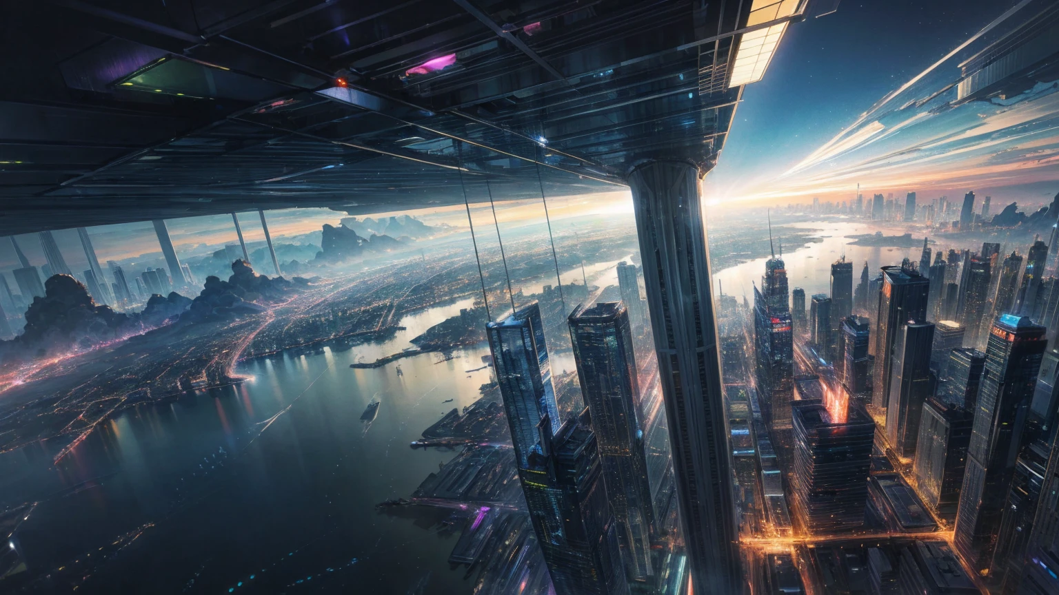 (Best quality,4K,8K,A high resolution,Masterpiece:1.2),Ultra-detailed,(Realistic,Photorealistic,photo-realistic:1.37),Futuristic floating city,Futuristic technology,Huge urban high-tech tablet platform,Airship,Floating in the sky,Futuristic city,Small airships around,High-tech hemispherical platform,Colorful lights,Advanced architecture,modernn architecture,skyscrapper,Access the cloud,Scenic beauty,view over city,Impressive design,Blend seamlessly with nature,energetic and vibrant atmosphere,Futuristic transportation system,Parking is suspended,Transparent path,Lush greenery,Sky gardens,cascading waterfalls,Magnificent skyline,reflections on the water,Sparkling river,Architectural innovation,futuristic skyscrapers,Transparent dome,The shape of the building is unusual,Elevated walkway,Impressive skyline,Glowing lights,Futuristic technology,Minimalist design,Scenic spots,Panoramic view,Cloud Piercing Tower,Vibrant colors,epic sunrise,epic sunset,Dazzling light display,magical ambiance,The future city,Urban Utopia,LuxuryLifestyle,Innovative energy,sustainable development,Smart city technology,Advanced infrastructure,Tranquil atmosphere,Nature and technology live in harmony,Awesome cityscape,Unprecedented urban planning,Architecture connects seamlessly with nature,High-tech metropolis,A cutting-edge engineering marvel,The future of urban living,Visionary architectural concept,Energy-efficient buildings,Harmony with the environment,A city floating above the clouds,Utopian dreams become reality,The possibilities are endless,State-of-the-art transportation network,Green energy integration,Innovative materials,Impressive holographic display,Advanced communication system,Breathtaking aerial view,Quiet and peaceful environment,Modernist aesthetics,Ethereal beauty