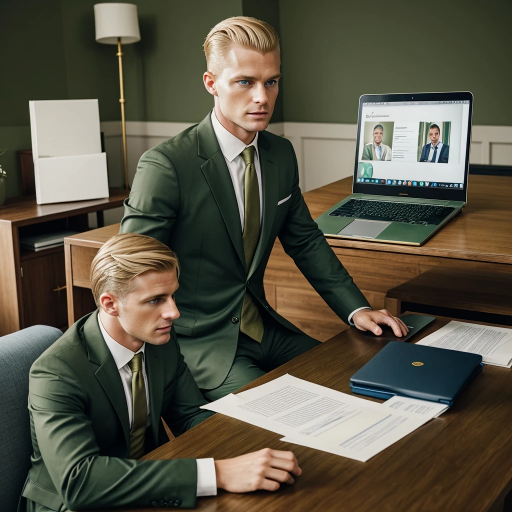 Shaved blonde man with blue eyes doing video conference in olive green suit with a laptop in a classic dark green living room with gold trim. He has several papers on the table with a green circle. 