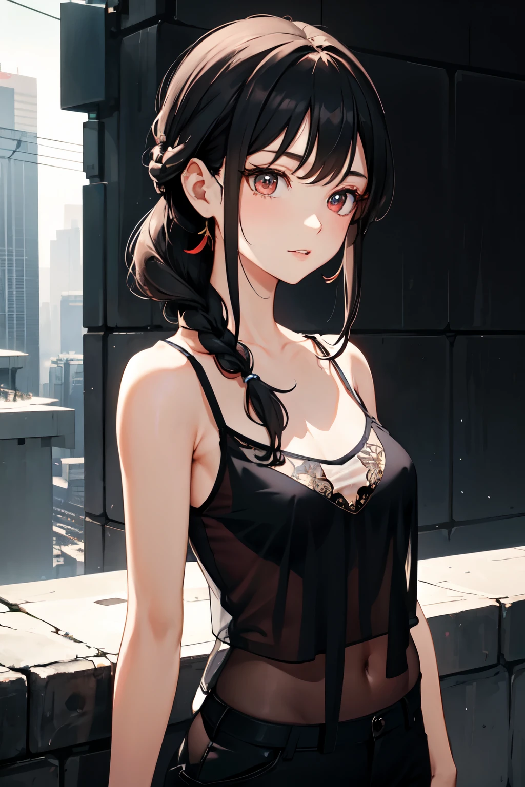 Optimal，masterpiece，High resolution，Highest quality，Hyper HD，Very detailed，Award-winning，16K，alone，（Upper Body），Correct Anatomy，Beautiful Cyberpunk Girl，Cowboy Shot、Cute Face，，Black Hair、Long Hair、Braiding, Hairline，（（Scarlet Eyes）），Long eyelashes，Drooping eye corners，White skin，Shoot from the side, ((See-through camisole:1.5)), 、rocket , （Because I&#39;thin），
