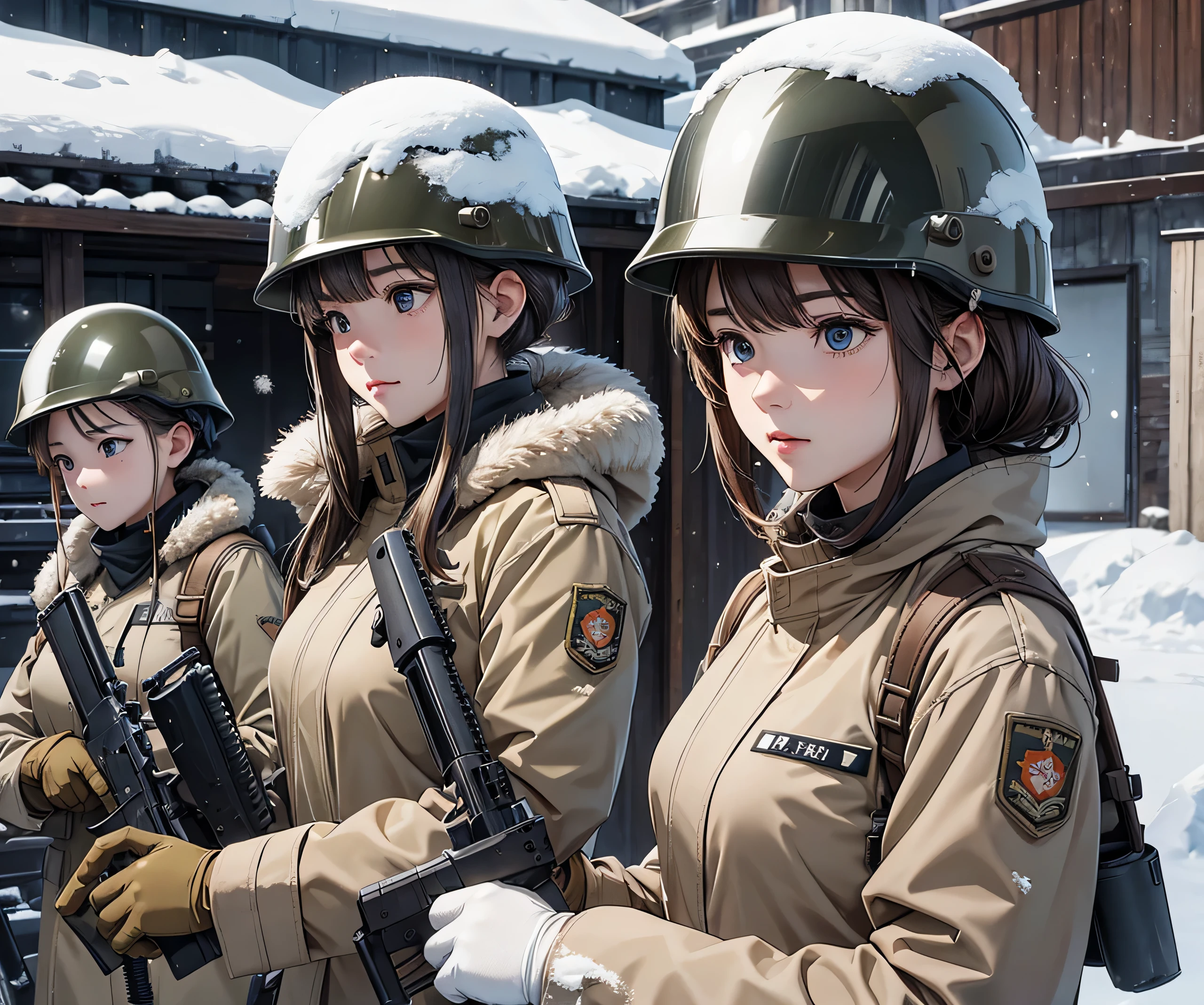 A group of female soldiers with guns in a snowy military camp、Wearing beige M-51 thick long coat、Wear a steel helmet、Gloves、See the whole body、Write details、masterpiece、best quality、Highly detailed CG、8K picture quality