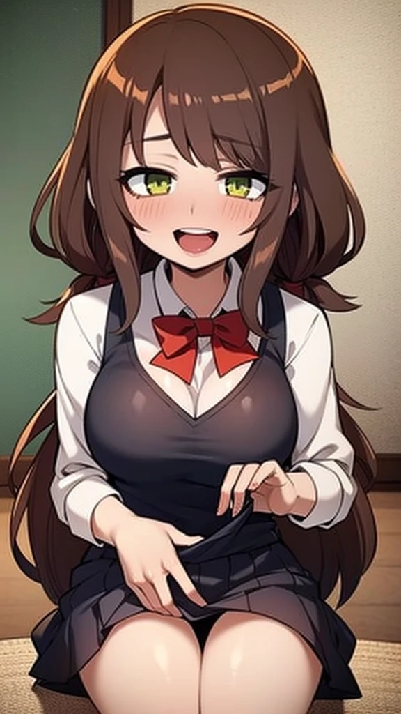 Woman with curly-long-BROWN hair, GREEN eyes; wearing a loose clothes with long sleeves, a RED bow tie. (Milf), (Mom), (gentle gaze), (covered), (loving), :D