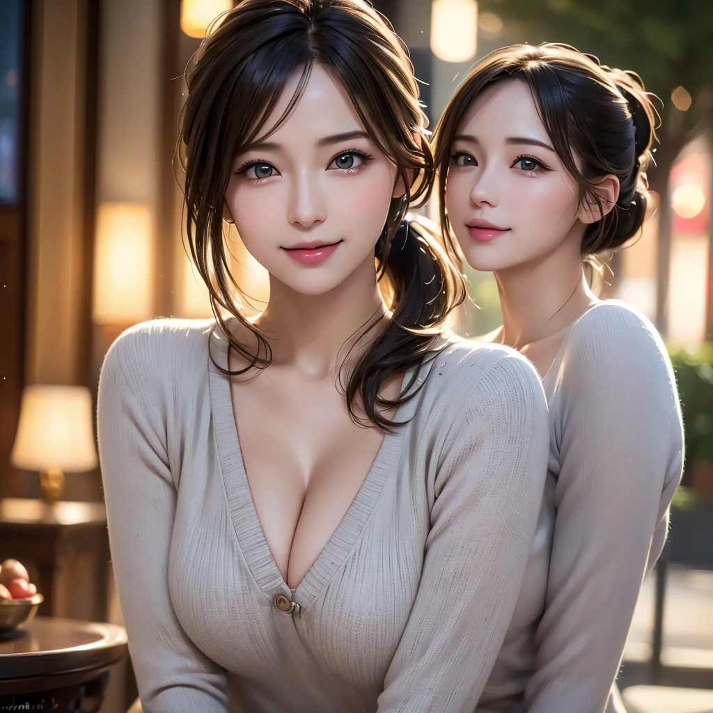 a gorgeous milf, smiling shyly with rosy cheeks, medium length hair in ponytail, hot casual sexy outfit showing cleavage, lover, outdoor, dating, intimate, detailed face, beautiful eyes, lush lips, intricate hairstyle, warm lighting, soft focus, photorealistic, cinematic composition, romantic atmosphere, (best quality,4k,8k,highres,masterpiece:1.2),ultra-detailed,(realistic,photorealistic,photo-realistic:1.37),HDR,UHD,studio lighting,ultra-fine painting,sharp focus,physically-based rendering,extreme detail description,professional,vivid colors,bokeh,portrait