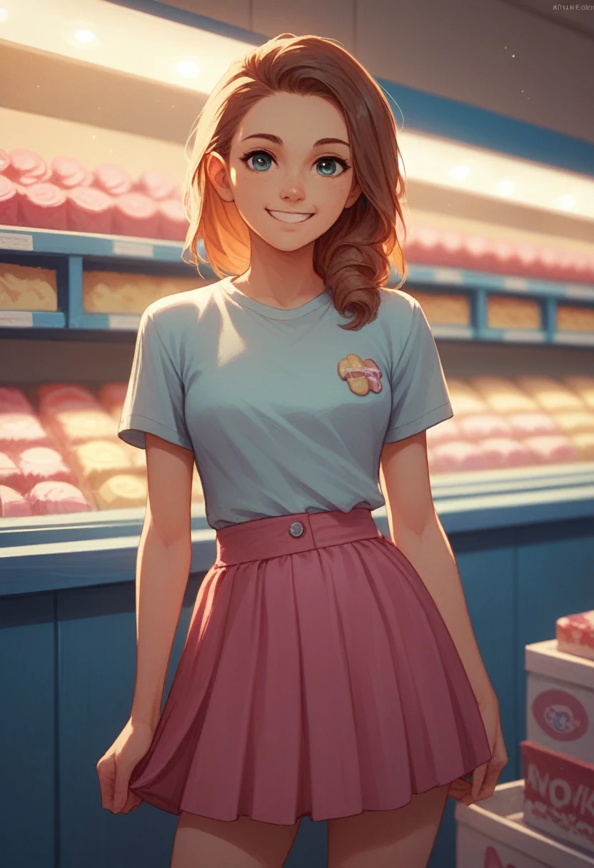 masterpiece,best quality,cowboy shot,solo,1girl,mlppinkiepie,smile:0.5,looking at viewer,shirt,skirt,in a candy store,indoors,dynamic lighting,