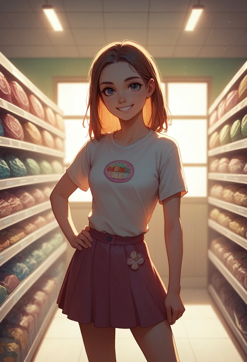 masterpiece,best quality,cowboy shot,solo,1girl,mlppinkiepie,smile:0.5,looking at viewer,shirt,skirt,in a candy store,indoors,dynamic lighting,