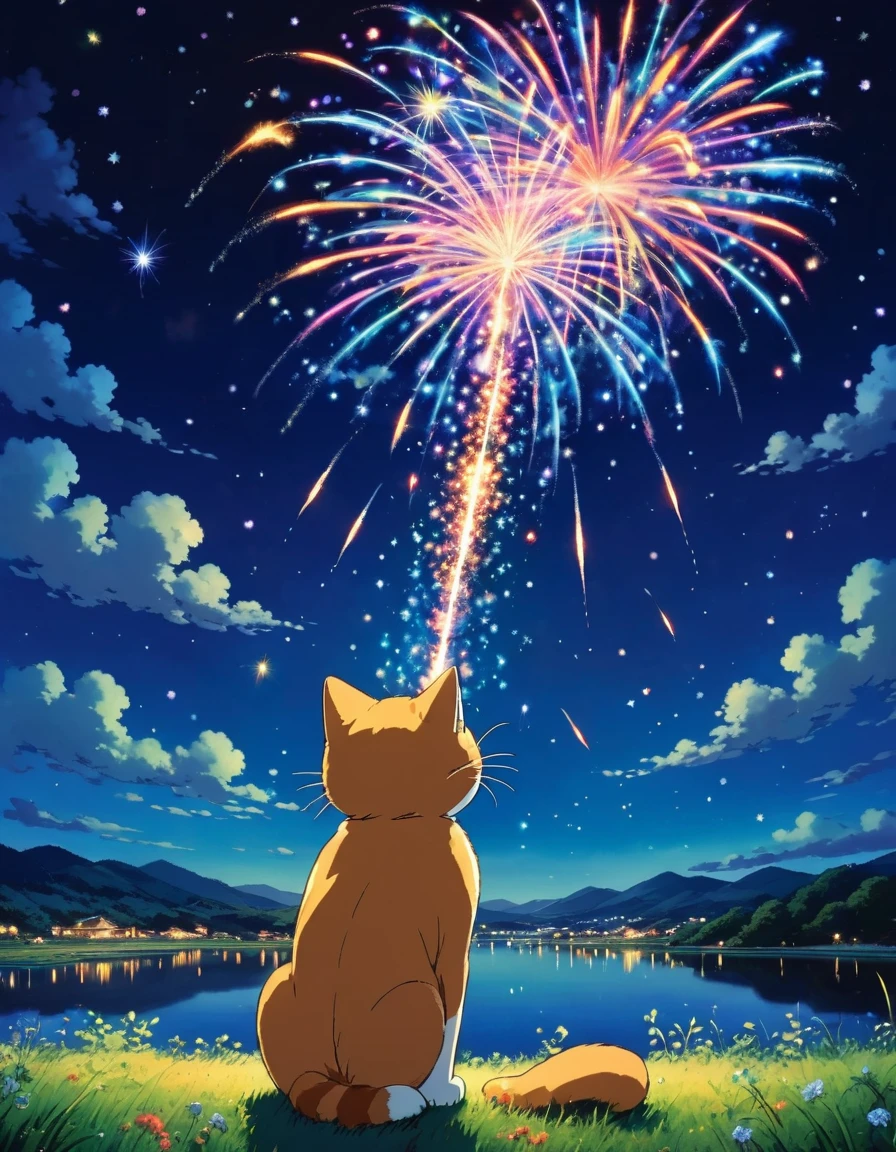 Ghibli Floating in the sky Cat firework The night sky is deep blue、Countless twinkling stars々is sprinkled with. 色とりどりのfireworkが打ち上がる, The glowing lines create a spectacular scene in the countryside..