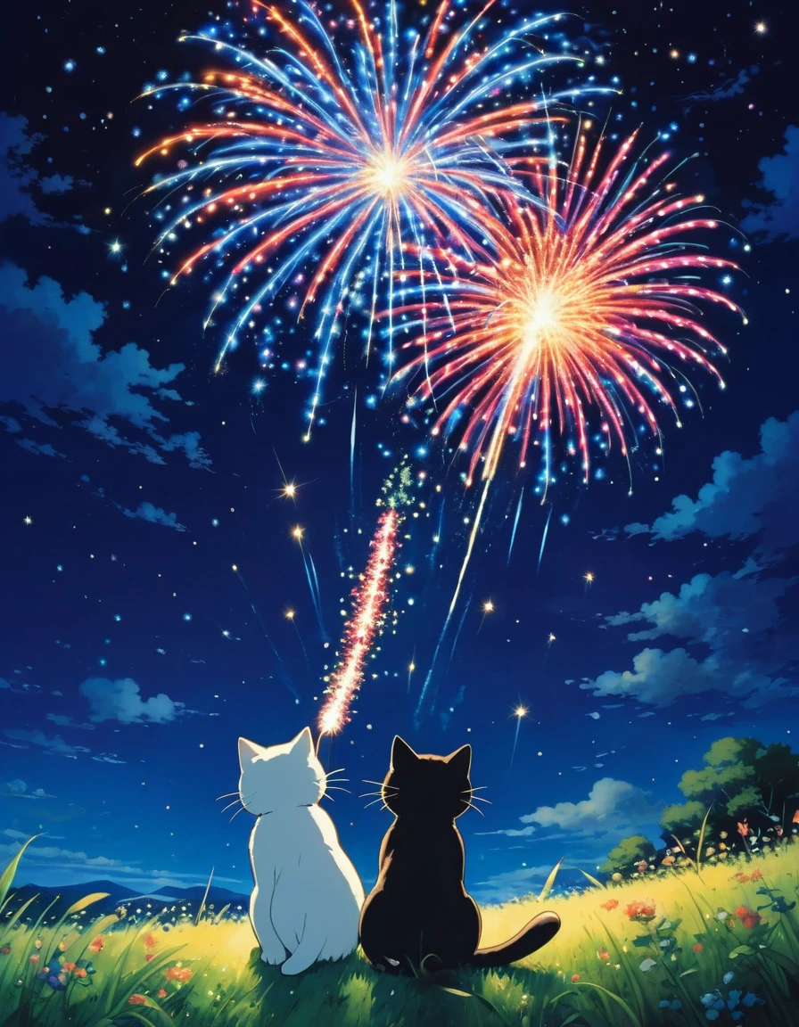 Ghibli Floating in the sky Cat firework The night sky is deep blue、Countless twinkling stars々is sprinkled with. 色とりどりのfireworkが打ち上がる, The glowing lines create a spectacular scene in the countryside..