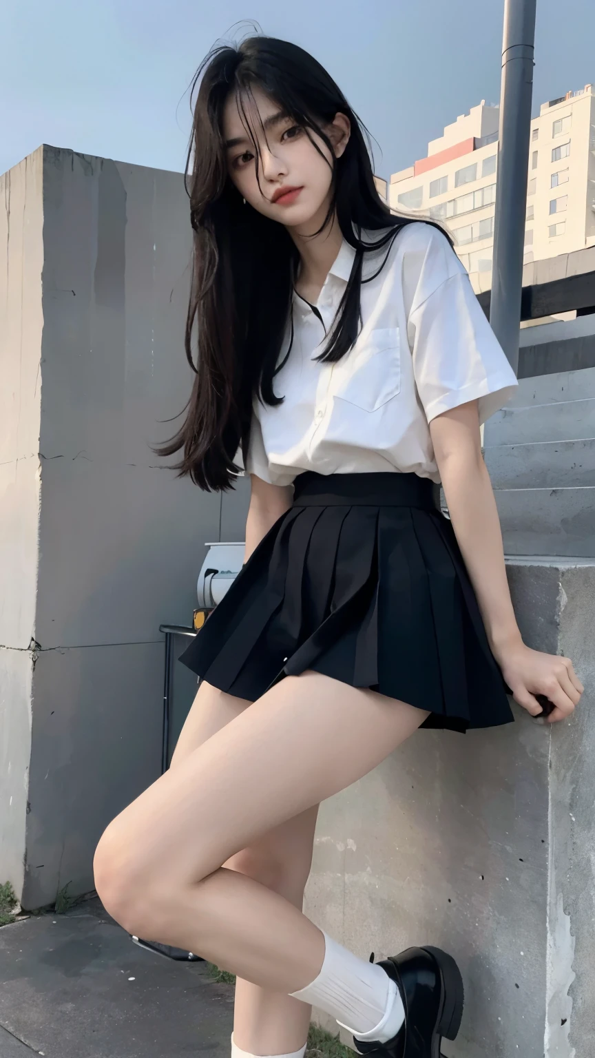 RAW photos, Extremely refined, masterpiece, best quality, Ultra-high resolution, 32K, Extremely detailed, Perfect body, Perfect style, Perfect balance, 18 years old, Small head, Small face, Exquisite facial features, panoramic, full-body shot, Long hair、Black Hair、Straight Hair, outdoor, campus，JK，Playful，Sexy